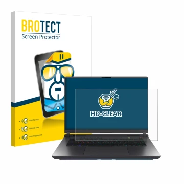 Front side of a product packaging with the brand logo BROTECT. Next to it is the device ASUS ROG Strix G16 2025 shown with the