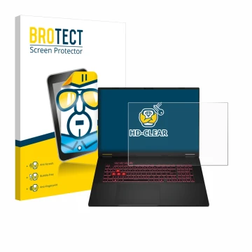 Front side of a product packaging with the brand logo BROTECT. Next to it is the device ASUS TUF Gaming A18 2025 shown with th