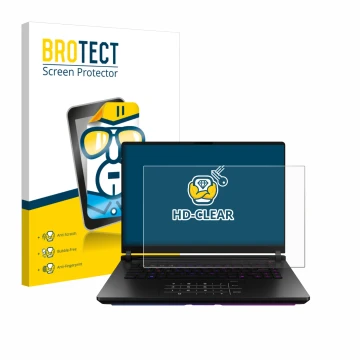 Front side of a product packaging with the brand logo BROTECT. Next to it is the device ASUS ROG Strix SCAR 18 2025 shown with