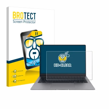 Front side of a product packaging with the brand logo BROTECT. Next to it is the device Honor MagicBook X14 Plus 2025 shown wi