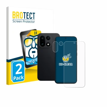 Front side of a product packaging with the brand logo BROTECT. Next to it is the device OnePlus 15 (Front+Camera) shown with t