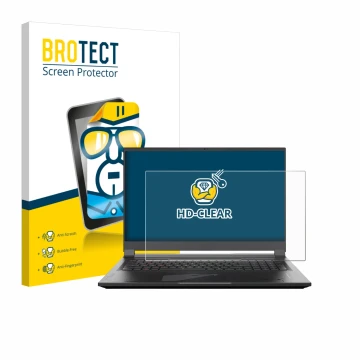 Front side of a product packaging with the brand logo BROTECT. Next to it is the device Gigabyte AORUS 17 2024 shown with the 