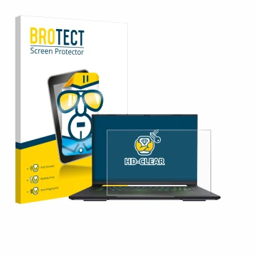 Front side of a product packaging with the brand logo BROTECT. Next to it is the device Gigabyte AERO X16 2025 shown with the 