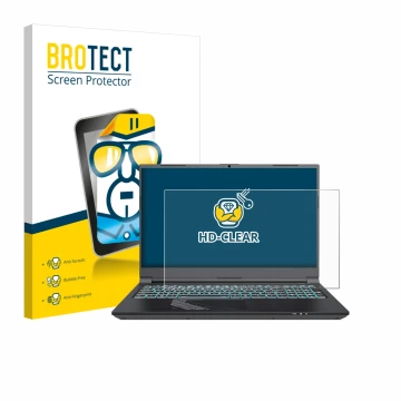 Front side of a product packaging with the brand logo BROTECT. Next to it is the device Gigabyte G5 2024 shown with the corres
