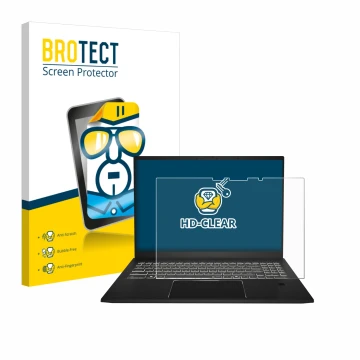 Front side of a product packaging with the brand logo BROTECT. Next to it is the device MSI Summit A16 AI+ shown with the corr