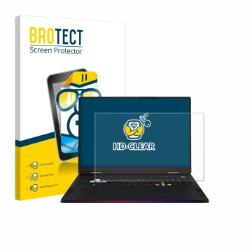 Front side of a product packaging with the brand logo BROTECT. Next to it is the device MSI Raider A18 HX shown with the corre