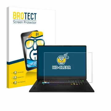 Front side of a product packaging with the brand logo BROTECT. Next to it is the device MSI Vector A18 HX 2025 shown with the 