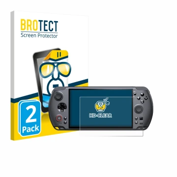 Front side of a product packaging with the brand logo BROTECT. Next to it is the device GPD Win 5 shown with the corresponding