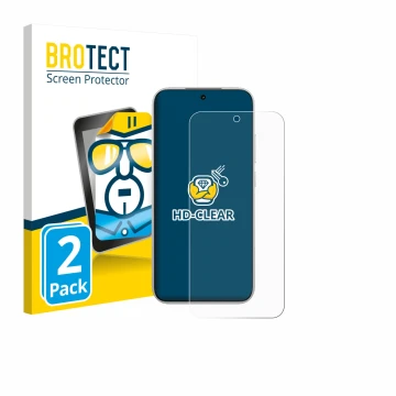 Front side of a product packaging with the brand logo BROTECT. Next to it is the device Xiaomi Poco F8 Pro shown with the corr