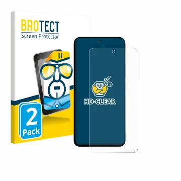 Front side of a product packaging with the brand logo BROTECT. Next to it is the device Xiaomi Poco M7 Plus shown with the cor