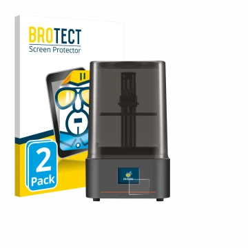 Front side of a product packaging with the brand logo BROTECT. Next to it is the device Anycubic Photon Mono 4 shown with the 