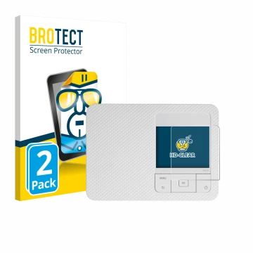 Front side of a product packaging with the brand logo BROTECT. Next to it is the device Canon Selphy CP1500 Mini shown with th