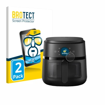 Front side of a product packaging with the brand logo BROTECT. Next to it is the device Philips Airfryer 2000 Gen 2 6,2L shown