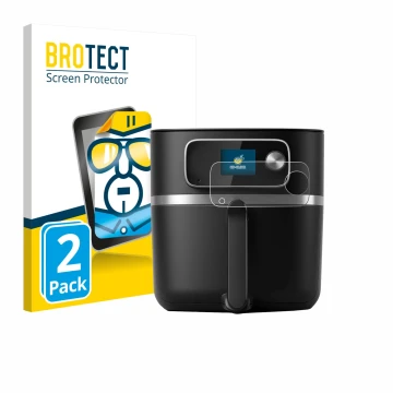 Front side of a product packaging with the brand logo BROTECT. Next to it is the device Philips Airfryer HD9880/90 shown with 
