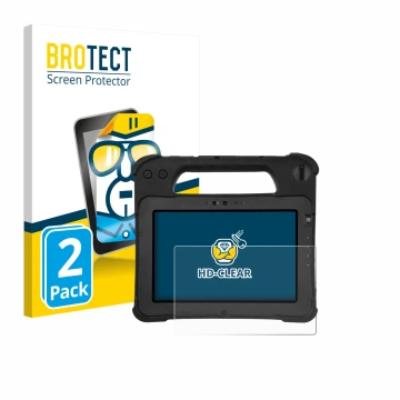 Front side of a product packaging with the brand logo BROTECT. Next to it is the device Zebra XPad L10ax shown with the corres