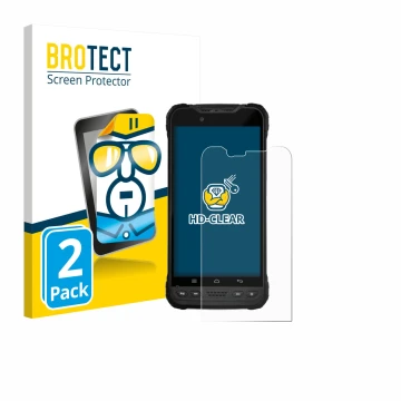 Front side of a product packaging with the brand logo BROTECT. Next to it is the device Zebra Xplore M60 shown with the corres