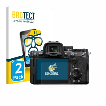 Front side of a product packaging with the brand logo BROTECT. Next to it is the device Sony Alpha 7 V (ILCE-7M5) shown with t