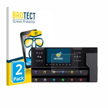 Front side of a product packaging with the brand logo BROTECT. Next to it is the device Line 6 Helix Stadium XL shown with the