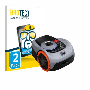 Front side of a product packaging with the brand logo BROTECT. Next to it is the device Navimow i105E+ shown with the correspo