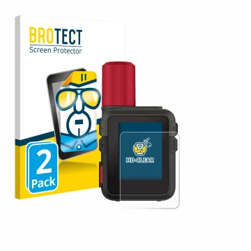 Front side of a product packaging with the brand logo BROTECT. Next to it is the device Garmin inReach Mini 3 Plus shown with 