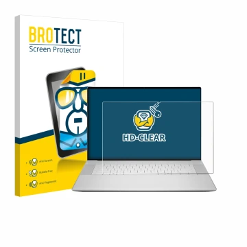 Front side of a product packaging with the brand logo BROTECT. Next to it is the device Dell 16 Premium Laptop shown with the 
