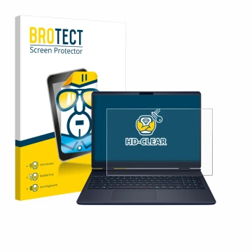 Front side of a product packaging with the brand logo BROTECT. Next to it is the device Dell Alienware 16X shown with the corr