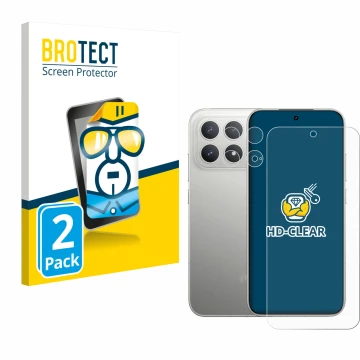 Front side of a product packaging with the brand logo BROTECT. Next to it is the device Xiaomi Poco F8 Pro (Front+Camera) show