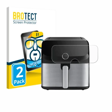 Front side of a product packaging with the brand logo BROTECT. Next to it is the device Tefal Easy Fry Mega shown with the cor