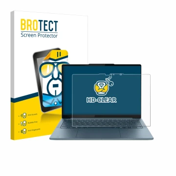 Front side of a product packaging with the brand logo BROTECT. Next to it is the device Lenovo Yoga Slim 7 Gen 10 14