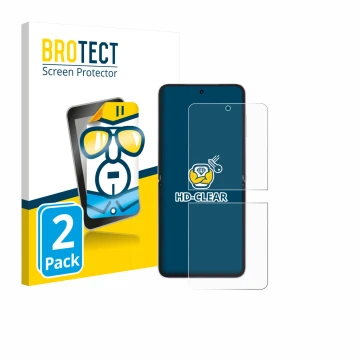 Front side of a product packaging with the brand logo BROTECT. Next to it is the device Honor Magic V Flip 2 shown with the co