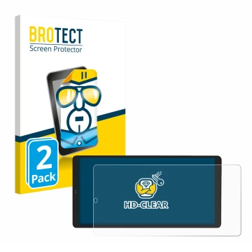 Front side of a product packaging with the brand logo BROTECT. Next to it is the device Shelly Wall Display X2 shown with the 
