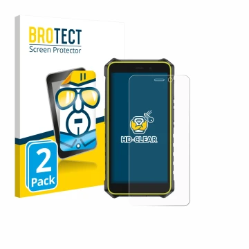 Front side of a product packaging with the brand logo BROTECT. Next to it is the device Ulefone RugKing 2 Pro shown with the c