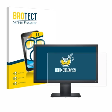 Front side of a product packaging with the brand logo BROTECT. Next to it is the device Dell E1920H shown with the correspondi