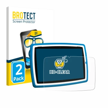 Front side of a product packaging with the brand logo BROTECT. Next to it is the device Lisciani Mio Tab 10 Tutor XL shown wit