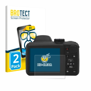 Front side of a product packaging with the brand logo BROTECT. Next to it is the device Kodak Pixpro AZ405 shown with the corr