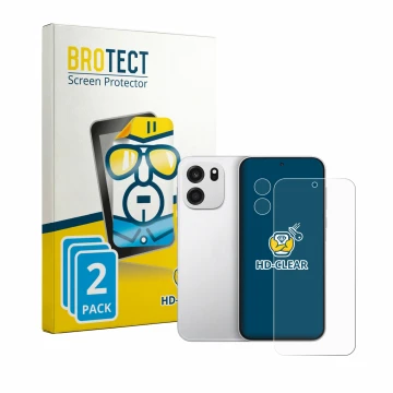 Front side of a product packaging with the brand logo BROTECT. Next to it is the device OnePlus Turbo 6V (Front+Camera) shown 