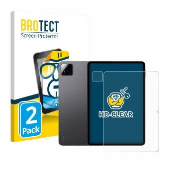 Front side of a product packaging with the brand logo BROTECT. Next to it is the device Xiaomi Pad 7 (Front+Camera) shown with