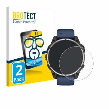 Front side of a product packaging with the brand logo BROTECT. Next to it is the device Garmin quatix 8 Pro (47 mm) shown with