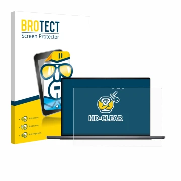 Front side of a product packaging with the brand logo BROTECT. Next to it is the device Dell XPS 16 DA16260 shown with the cor