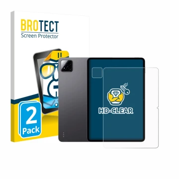 Front side of a product packaging with the brand logo BROTECT. Next to it is the device Xiaomi Pad 7 Pro (Front+Camera) shown 