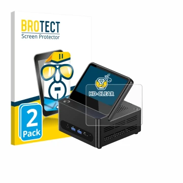 Front side of a product packaging with the brand logo BROTECT. Next to it is the device AOOSTAR ‎G-FLIP H255 shown with the co