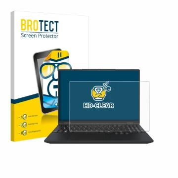 Front side of a product packaging with the brand logo BROTECT. Next to it is the device Tuxedo InfinityBook Max 15 Gen 10 show