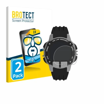 Front side of a product packaging with the brand logo BROTECT. Next to it is the device Timex Ironman TW5M63200 shown with the