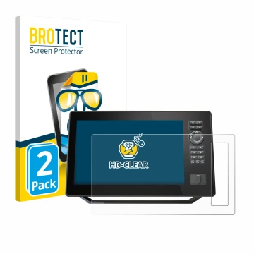 Front side of a product packaging with the brand logo BROTECT. Next to it is the device Humminbird Xplore 9 shown with the cor