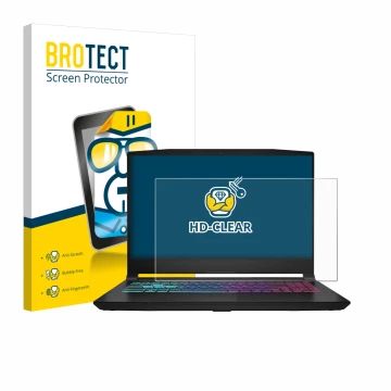Front side of a product packaging with the brand logo BROTECT. Next to it is the device MSI Katana 15 HX B14 shown with the co