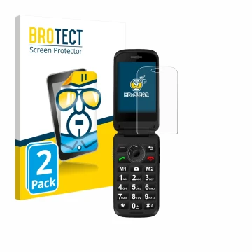 Front side of a product packaging with the brand logo BROTECT. Next to it is the device Simvalley Mobile XL-970 shown with the