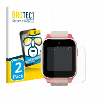 Front side of a product packaging with the brand logo BROTECT. Next to it is the device TCL Movetime Kids Watch MT46 shown wit