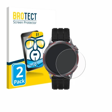 Front side of a product packaging with the brand logo BROTECT. Next to it is the device Huawei Watch GT Runner 2 shown with th