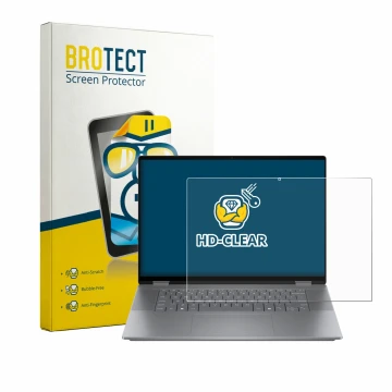 Front side of a product packaging with the brand logo BROTECT. Next to it is the device HP OmniBook X Flip 2-in-1 AI 16-cc0796