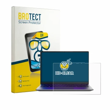 Front side of a product packaging with the brand logo BROTECT. Next to it is the device MEDION Avantum 14 E1e shown with the c